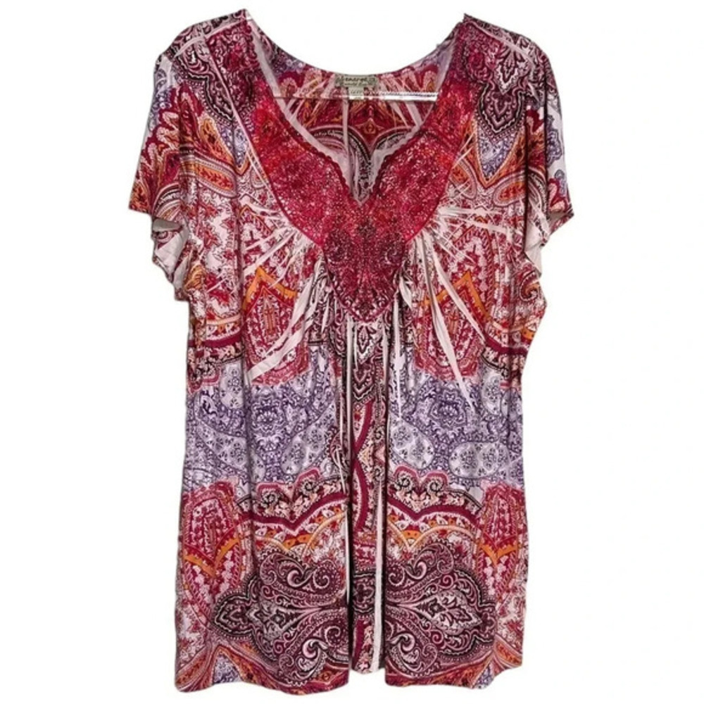 Energe 2X red + multicolor boho print flutter short sleeve‎ top
